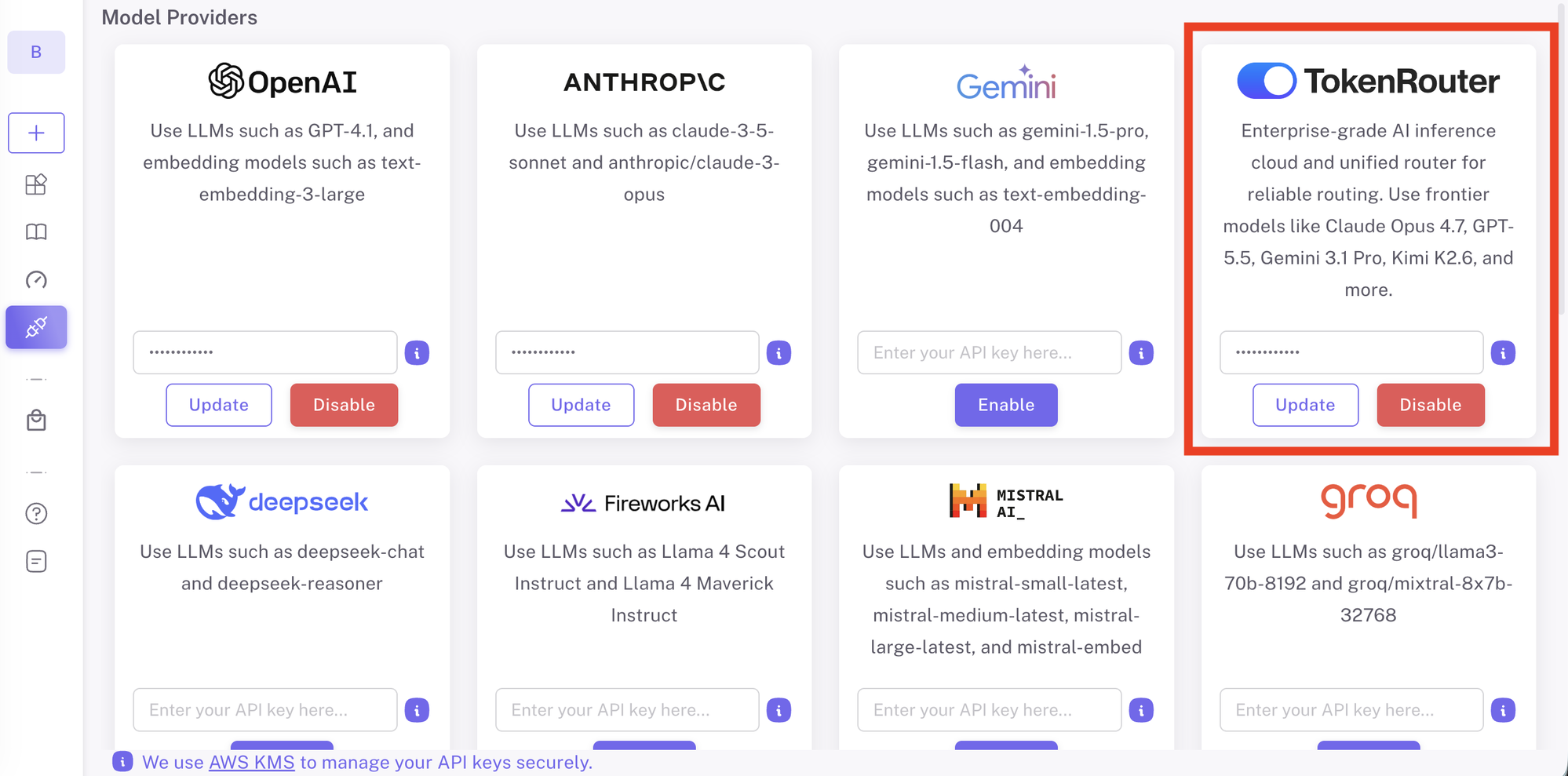 Epsilla Integrations Model Providers grid with the TokenRouter card highlighted
