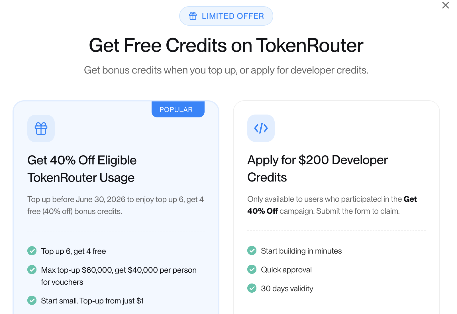 TokenRouter limited offer: get 40% off eligible usage and apply for $200 developer credits