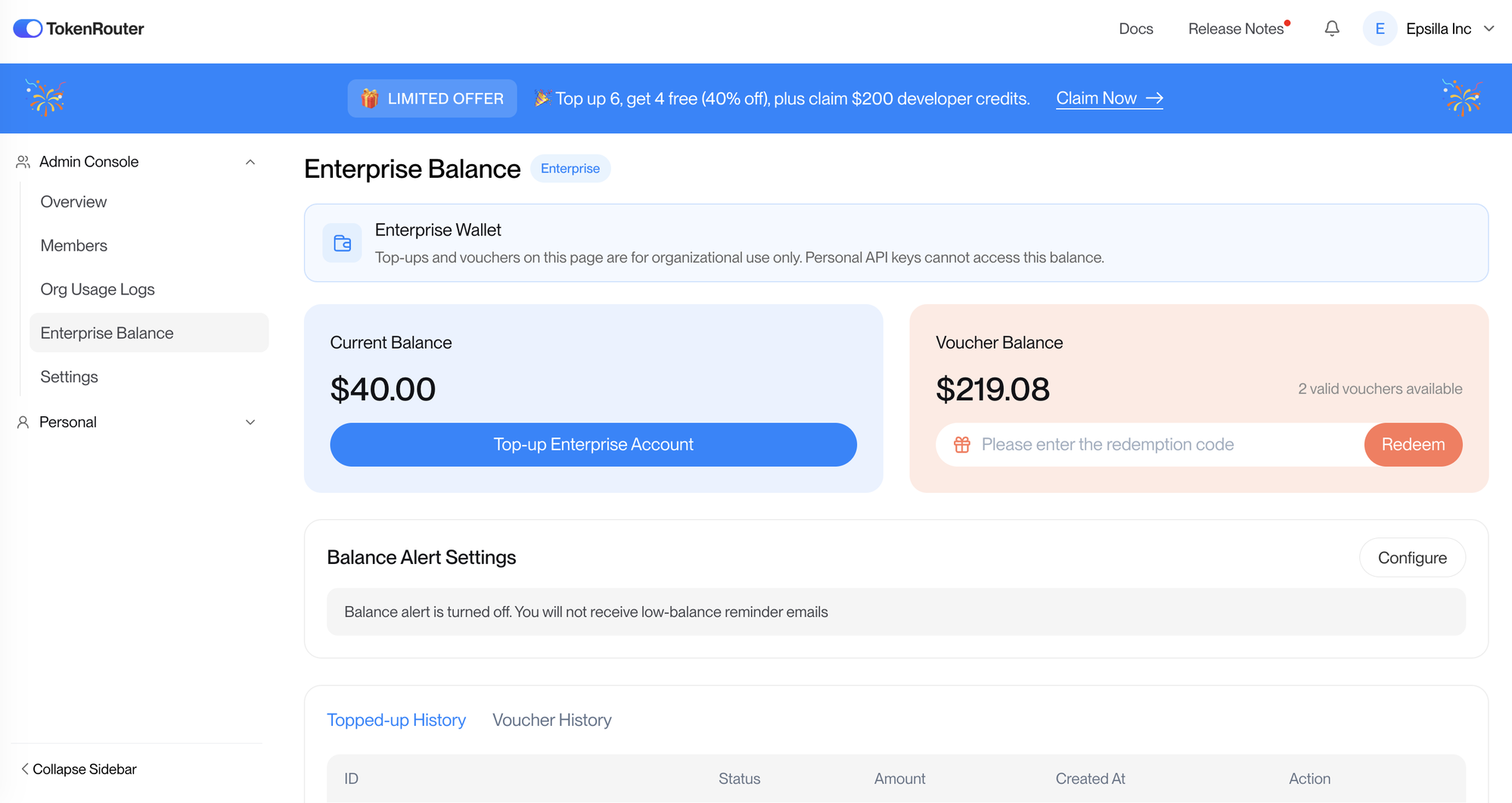 TokenRouter Enterprise Balance dashboard showing current balance, voucher balance, and redemption code field